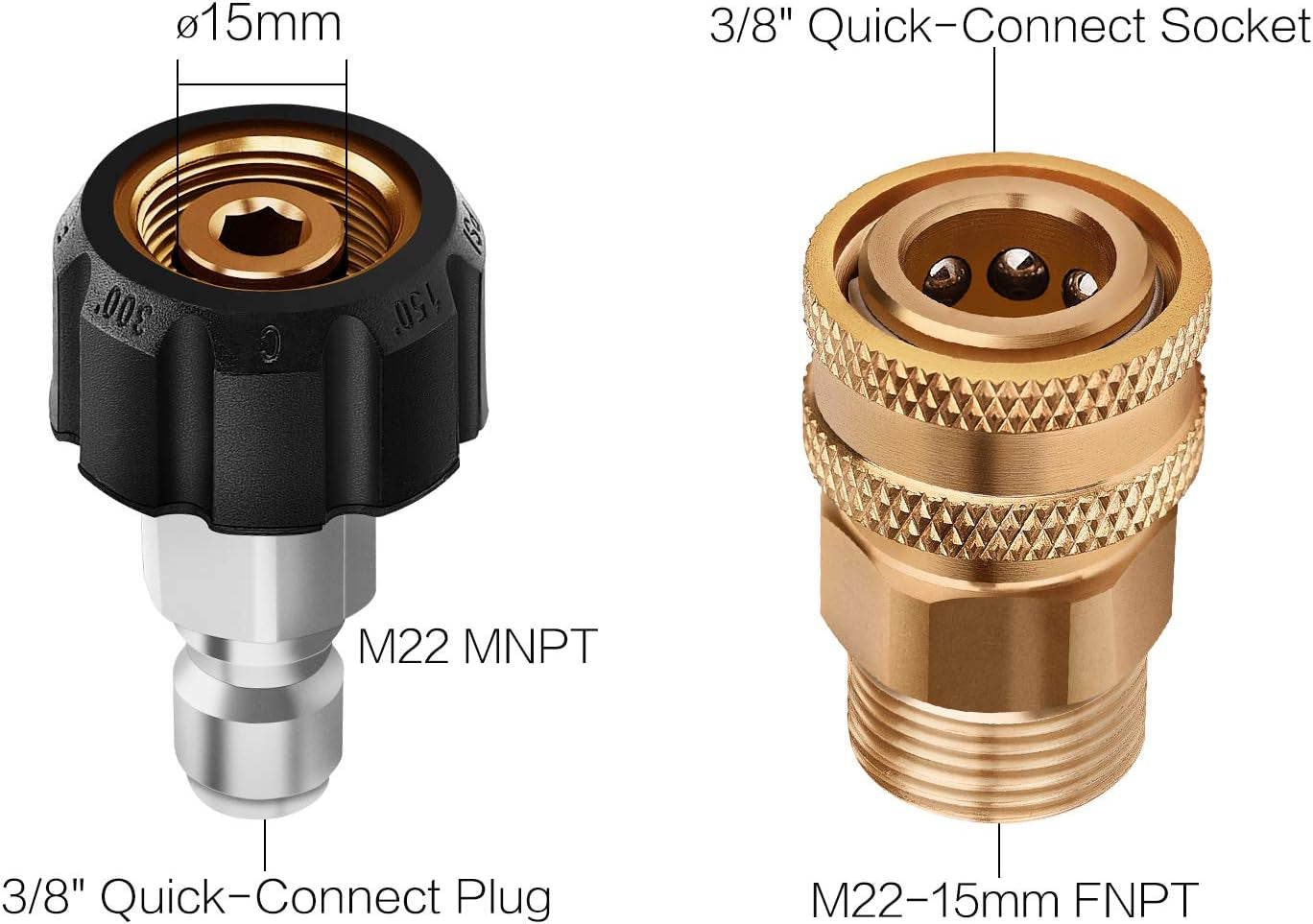 Pressure Washer Adapter Kit - 3/8" Quick-Connect to M22-15mm, 5000 PSI High Pressure Hose Connection Set