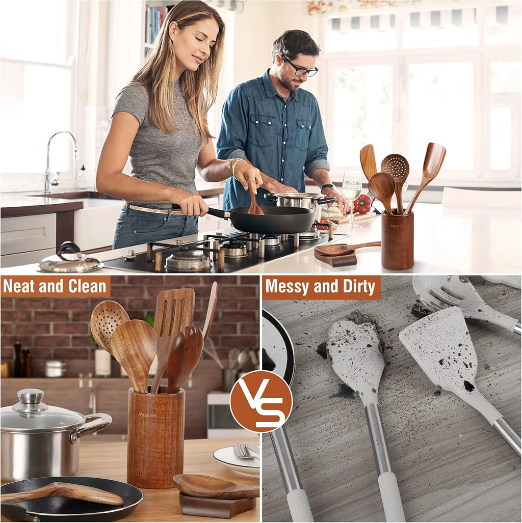 Premium 9-Piece Natural Teak Wooden Kitchen Utensil Set with Spoon Rest - Ergonomic Cooking Spoons & Stylish Utensil Holder
