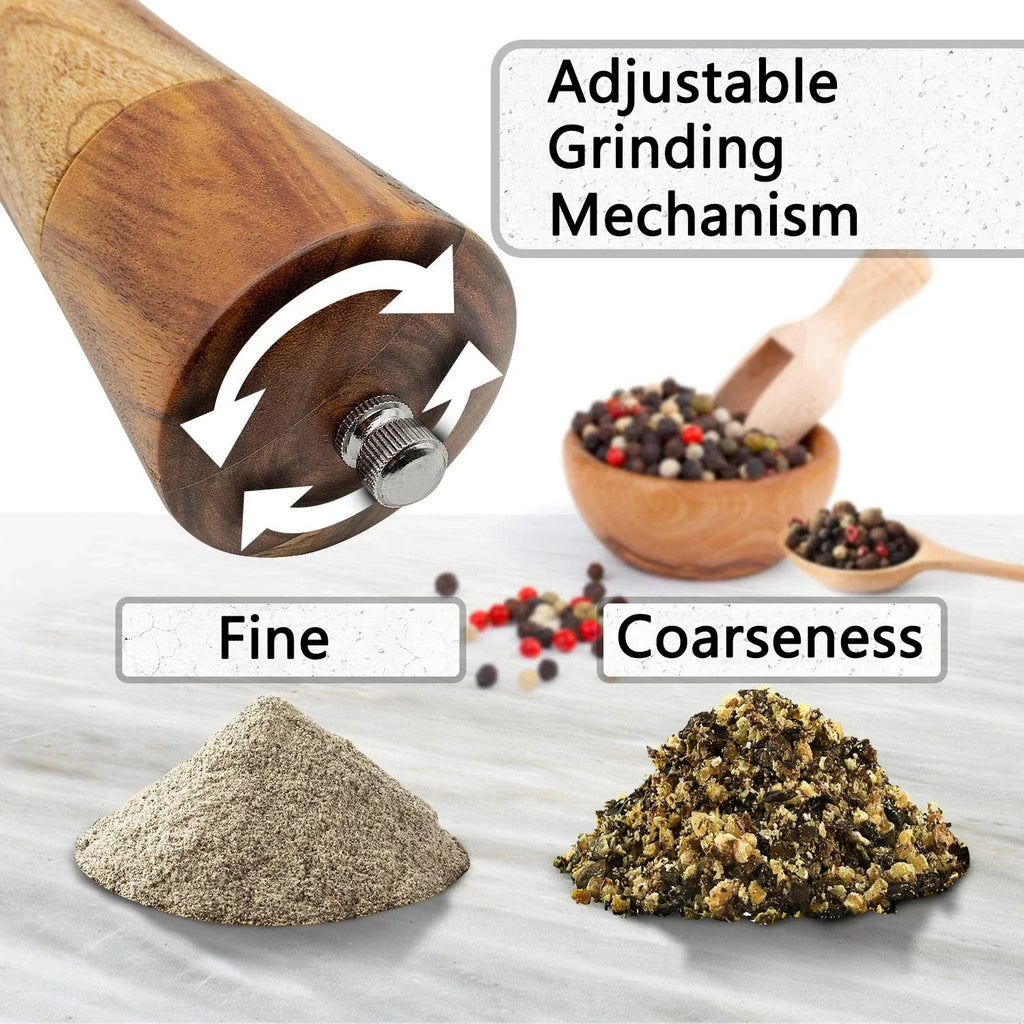 Premium Acacia Wood Salt and Pepper Grinder Set with Adjustable Ceramic Mill - Essential Kitchen Cooking Tools
