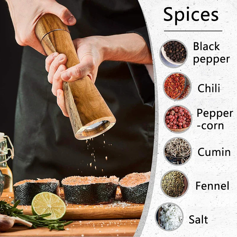 Premium Acacia Wood Salt and Pepper Grinder Set with Adjustable Ceramic Mill - Essential Kitchen Cooking Tools