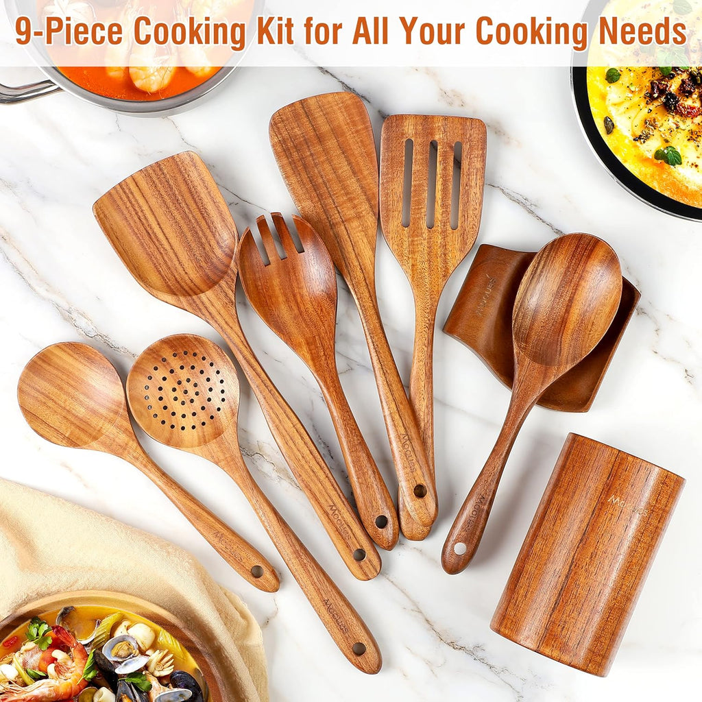 Premium 9-Piece Natural Teak Wooden Kitchen Utensil Set with Spoon Rest - Ergonomic Cooking Spoons & Stylish Utensil Holder
