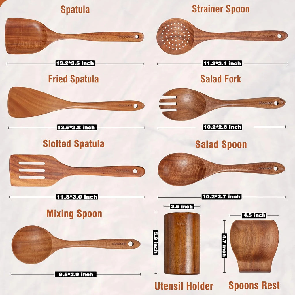 Premium 9-Piece Natural Teak Wooden Kitchen Utensil Set with Spoon Rest - Ergonomic Cooking Spoons & Stylish Utensil Holder