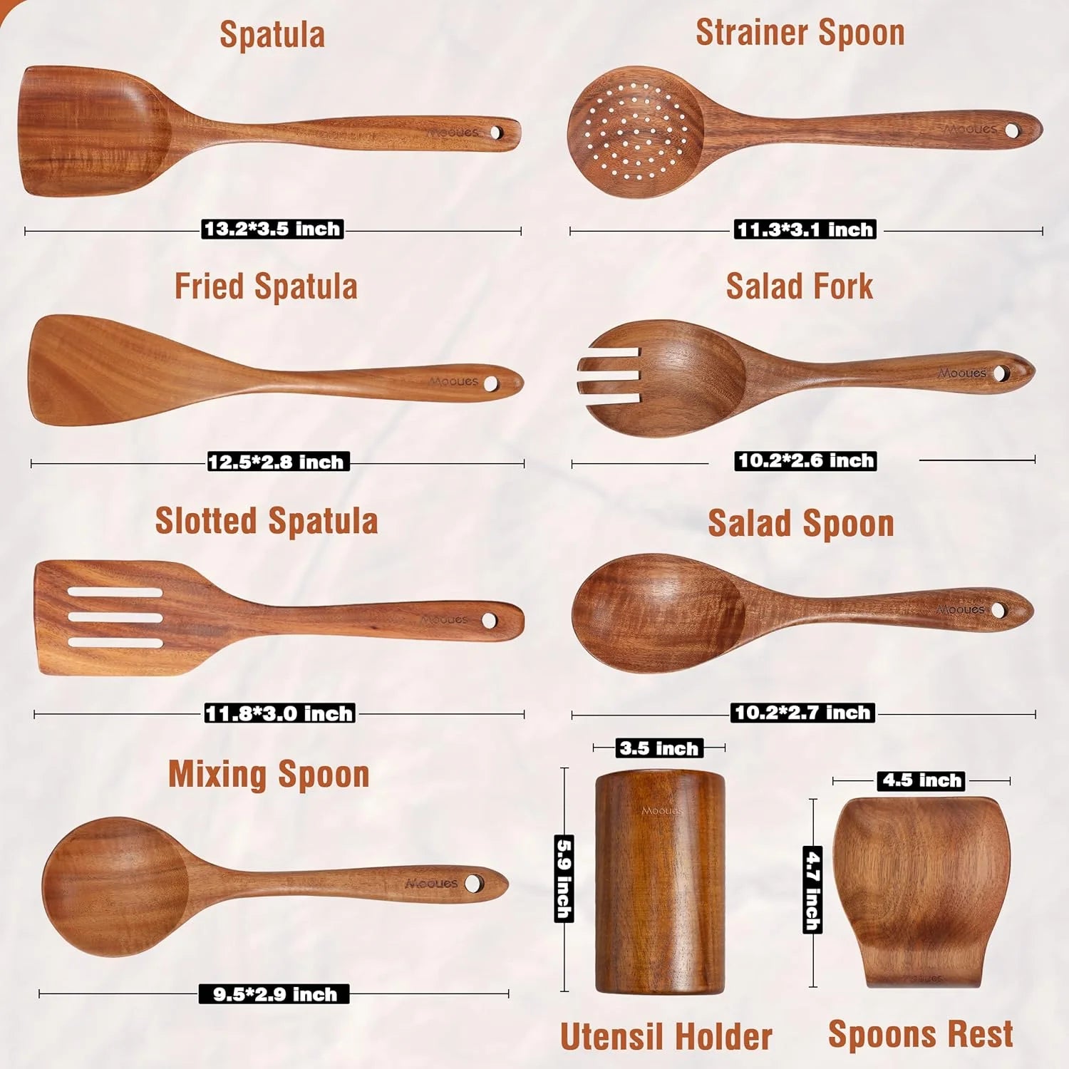 Premium 9-Piece Natural Teak Wooden Kitchen Utensil Set with Spoon Rest - Ergonomic Cooking Spoons & Stylish Utensil Holder