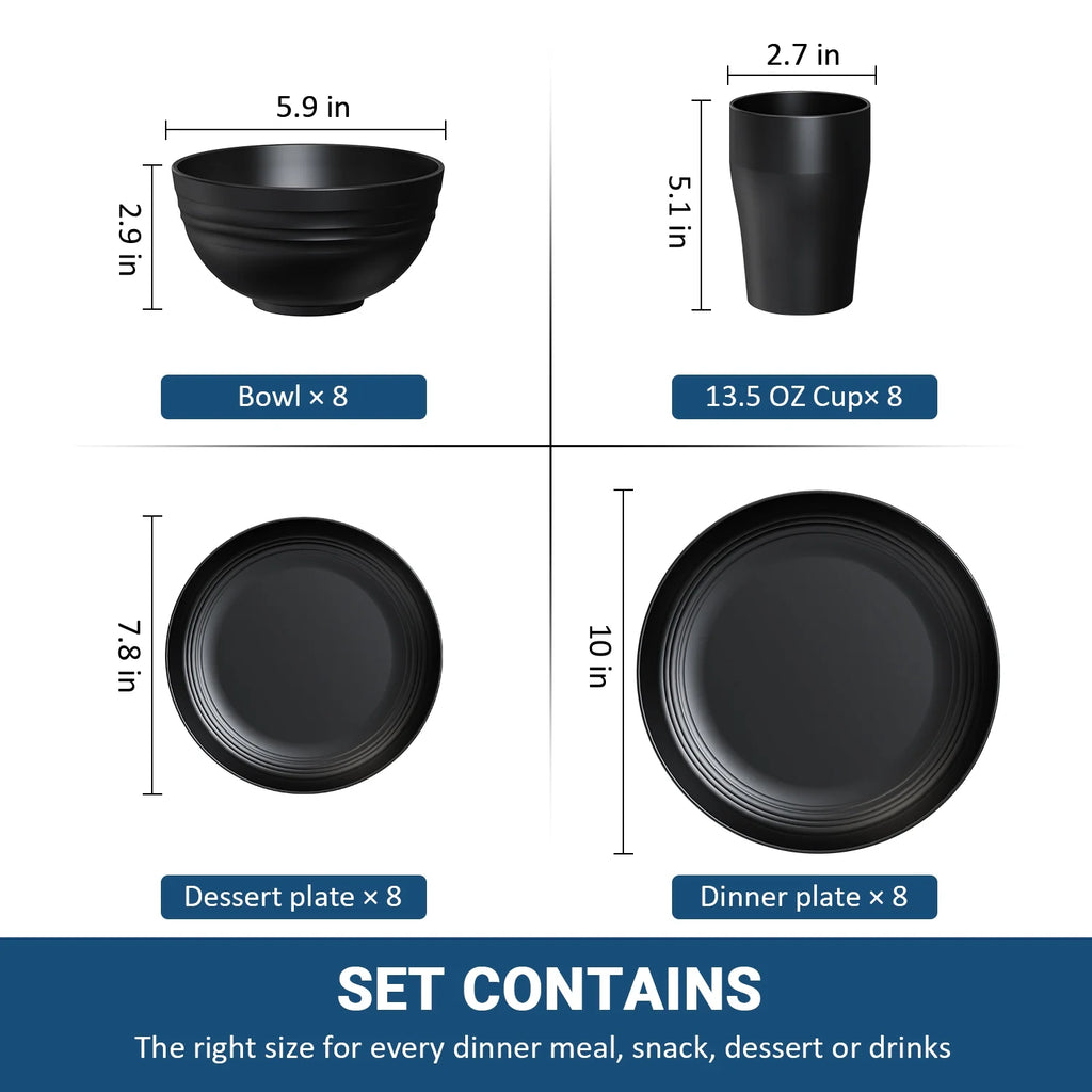 Juego de Vajilla de Plástico de Trigo para Cocina, 32 Piezas para 8 Personas, Color Negro