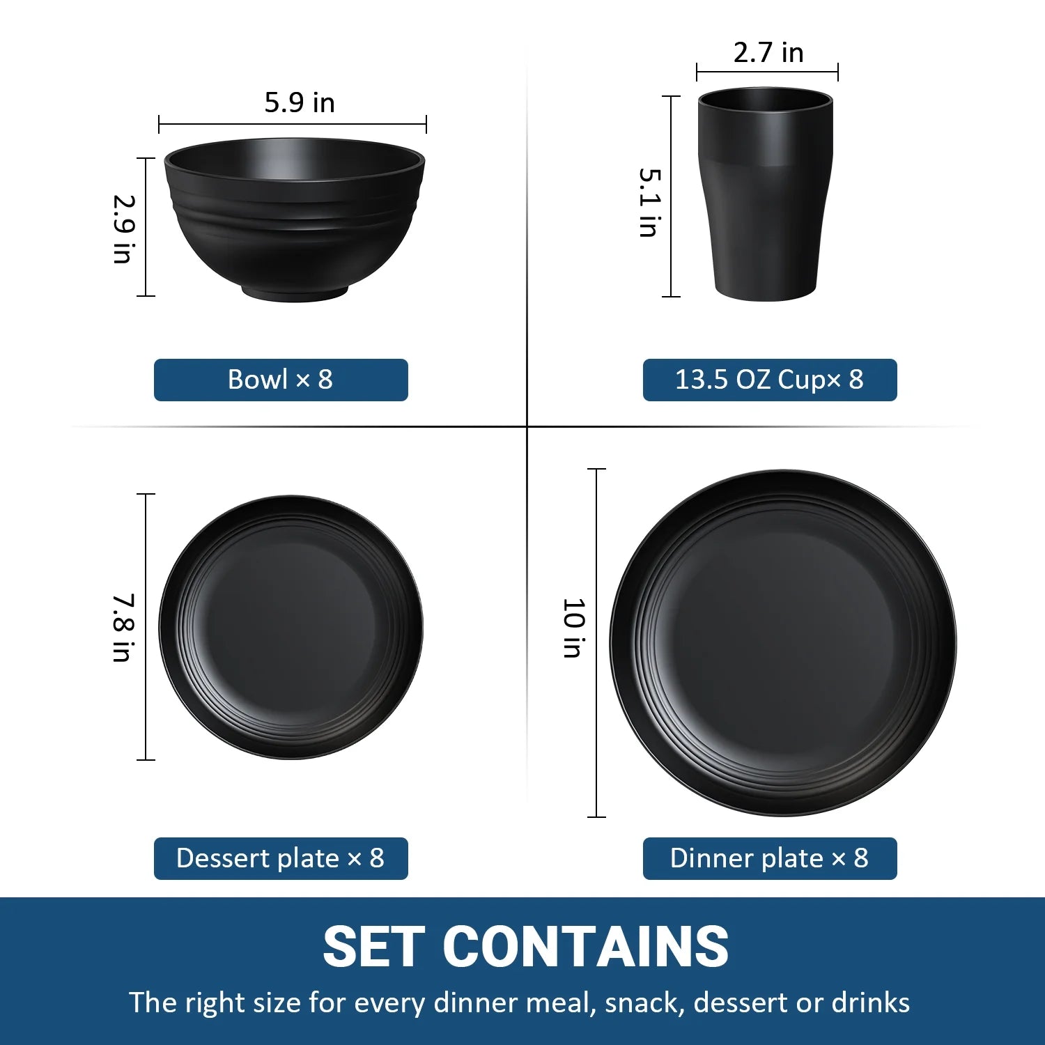 Juego de Vajilla de Plástico de Trigo para Cocina, 32 Piezas para 8 Personas, Color Negro
