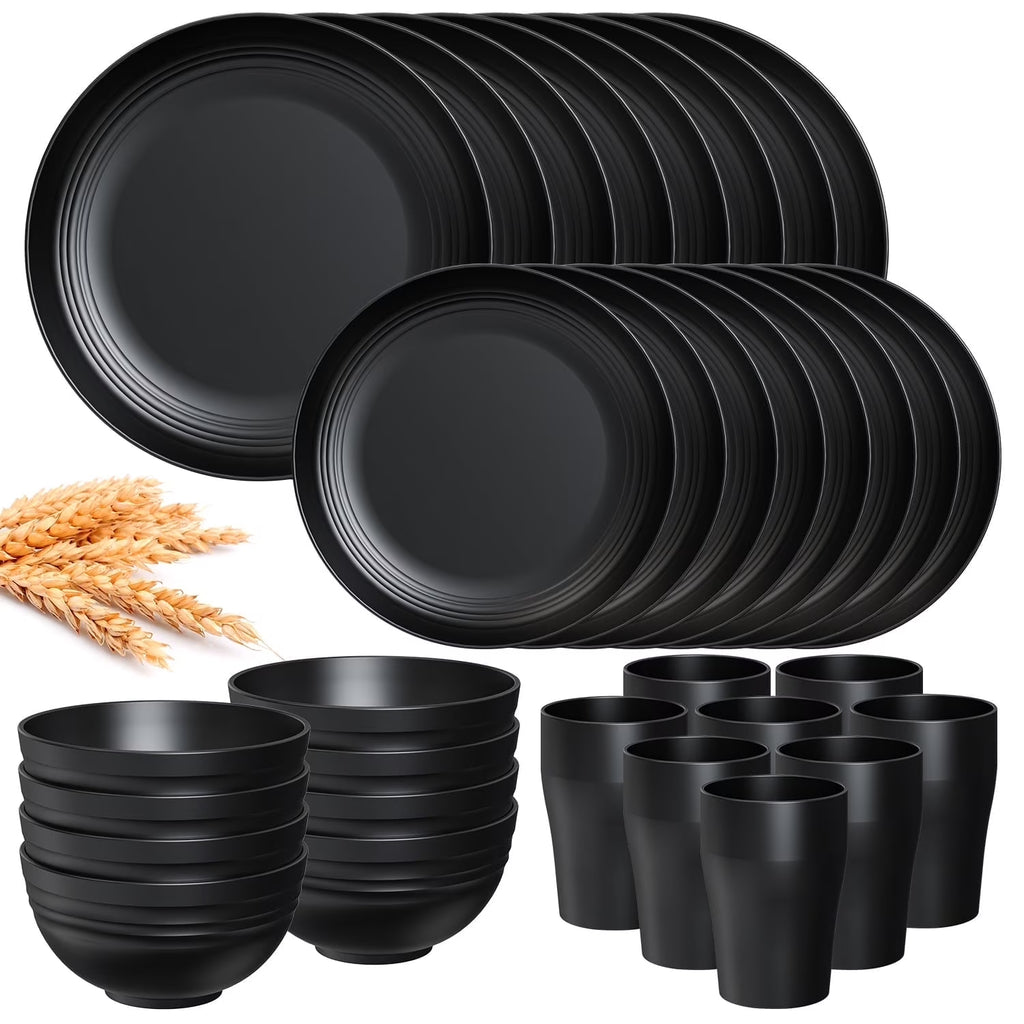 Juego de Vajilla de Plástico de Trigo para Cocina, 32 Piezas para 8 Personas, Color Negro