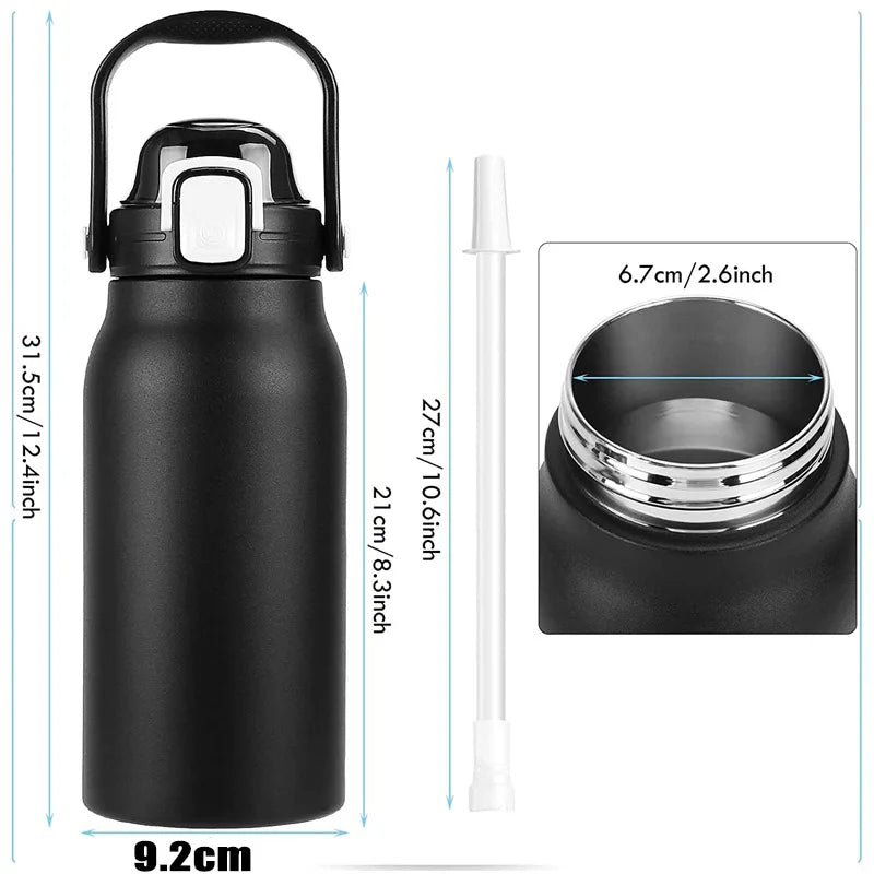 2L Stainless Steel Thermal Tumbler with Straw - Large Capacity Vacuum Flask for Hot and Cold Beverages - Ideal for Gym Use