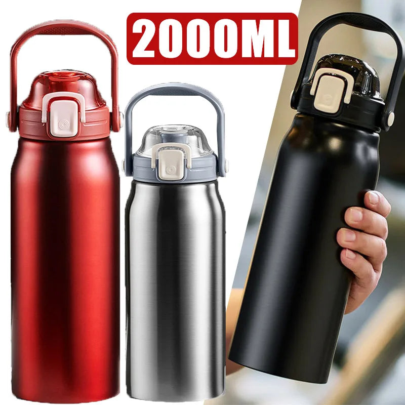 2L Stainless Steel Thermal Tumbler with Straw - Large Capacity Vacuum Flask for Hot and Cold Beverages - Ideal for Gym Use