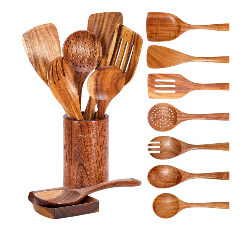 Premium 9-Piece Natural Teak Wooden Kitchen Utensil Set with Spoon Rest - Ergonomic Cooking Spoons & Stylish Utensil Holder