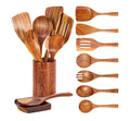 Premium 9-Piece Natural Teak Wooden Kitchen Utensil Set with Spoon Rest - Ergonomic Cooking Spoons & Stylish Utensil Holder