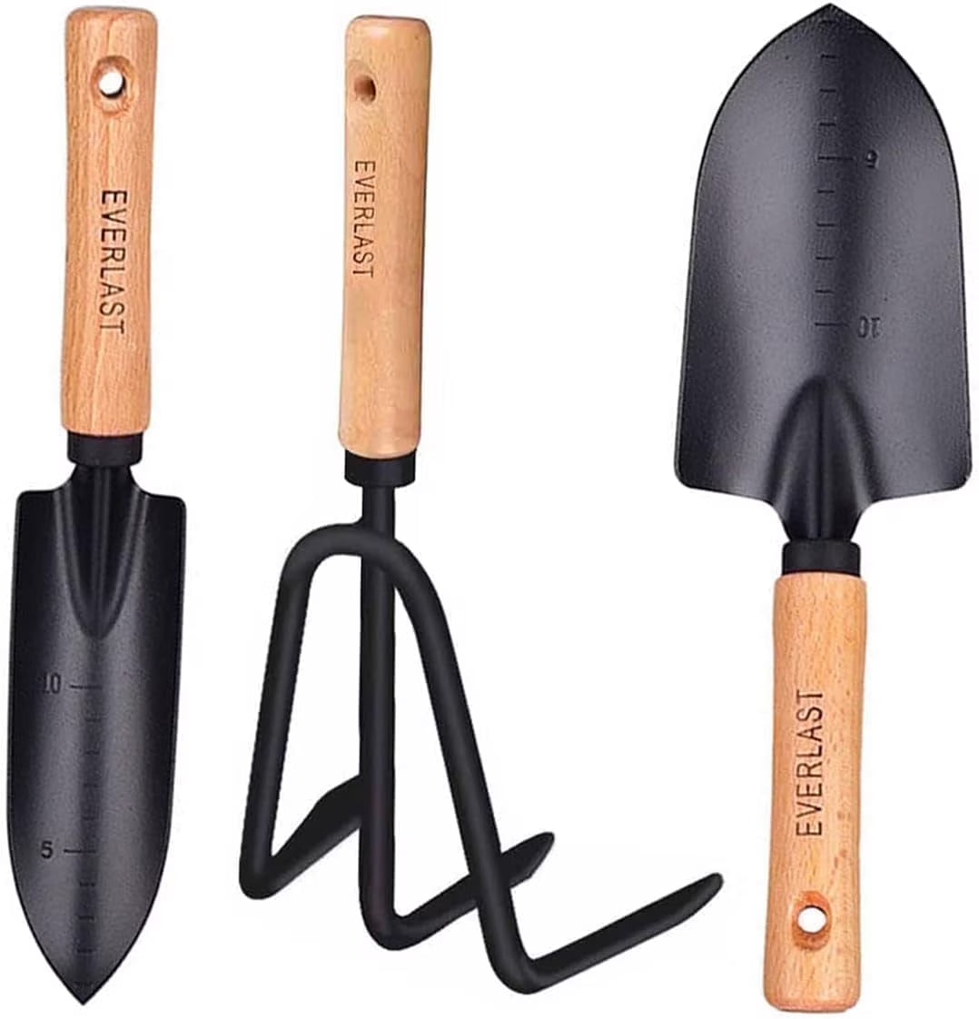 Minimalist Gardening Tool Set with Wooden Handles - 3-Piece Set Including Narrow Trowel, Wide Trowel, and Garden Rake for Succulent Transplanting
