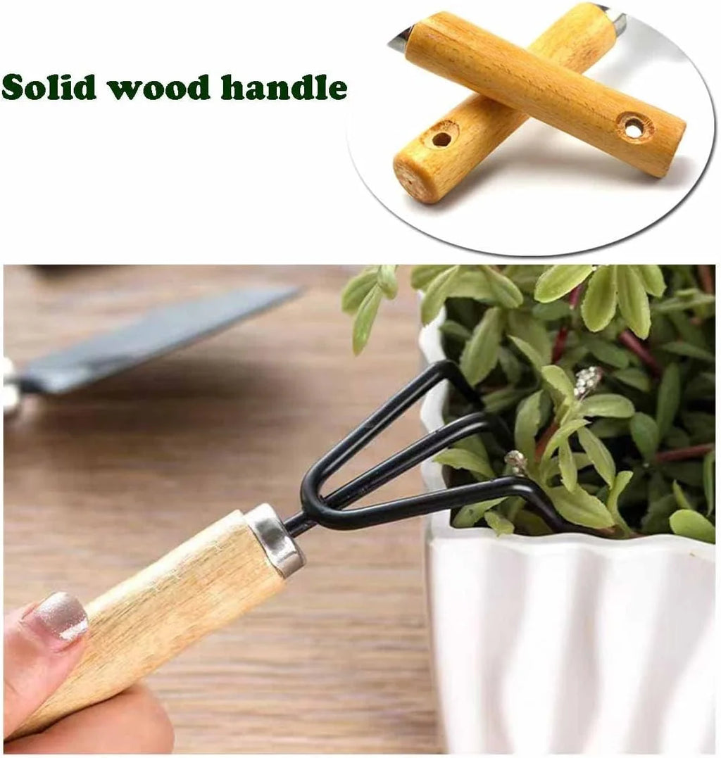 Minimalist Gardening Tool Set with Wooden Handles - 3-Piece Set Including Narrow Trowel, Wide Trowel, and Garden Rake for Succulent Transplanting