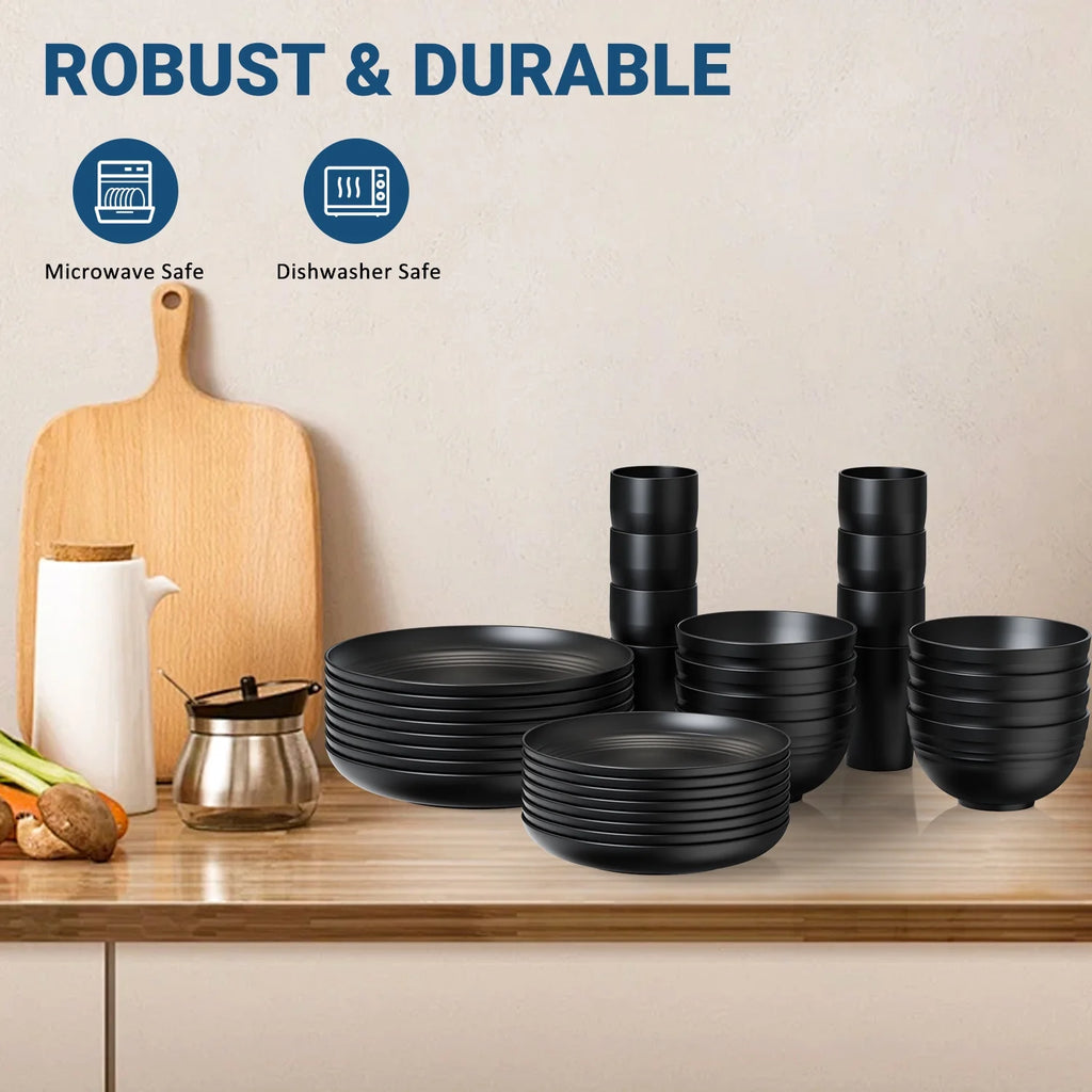 Juego de Vajilla de Plástico de Trigo para Cocina, 32 Piezas para 8 Personas, Color Negro