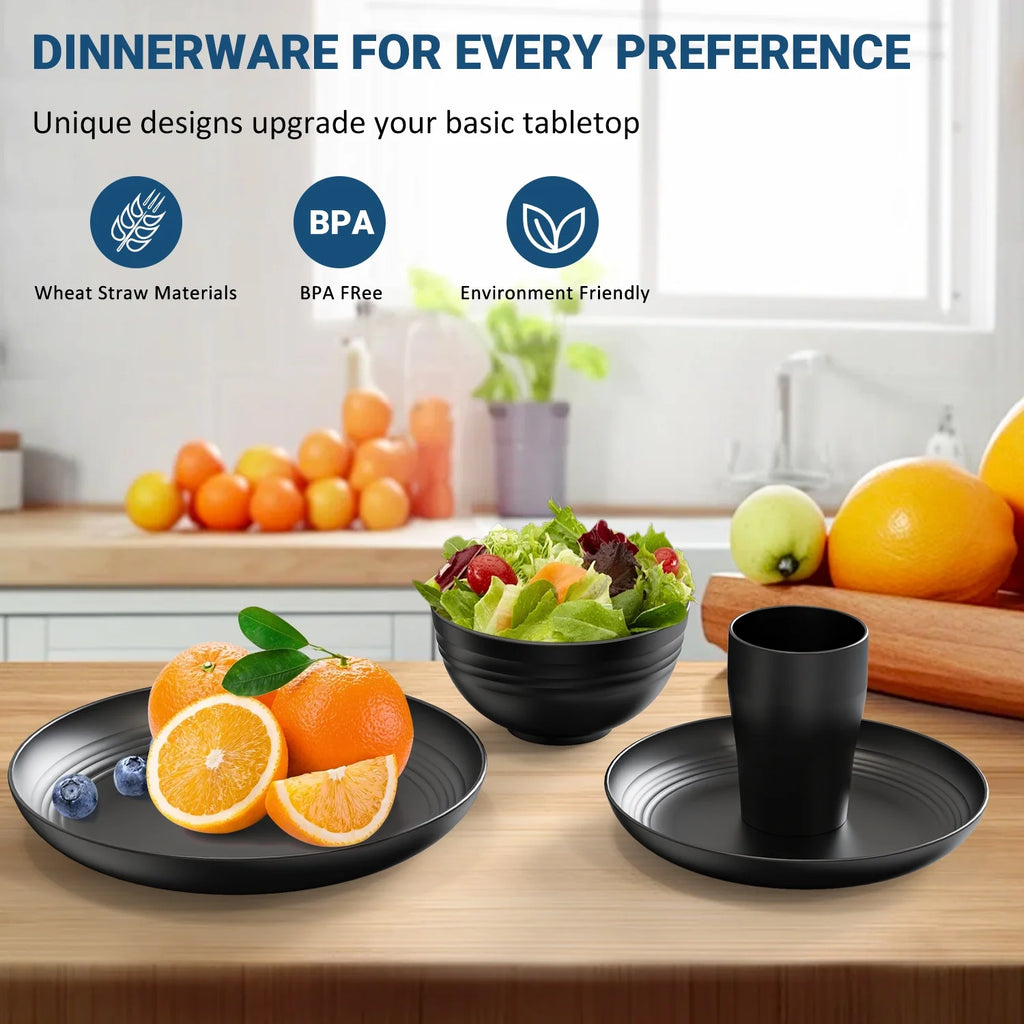 Juego de Vajilla de Plástico de Trigo para Cocina, 32 Piezas para 8 Personas, Color Negro
