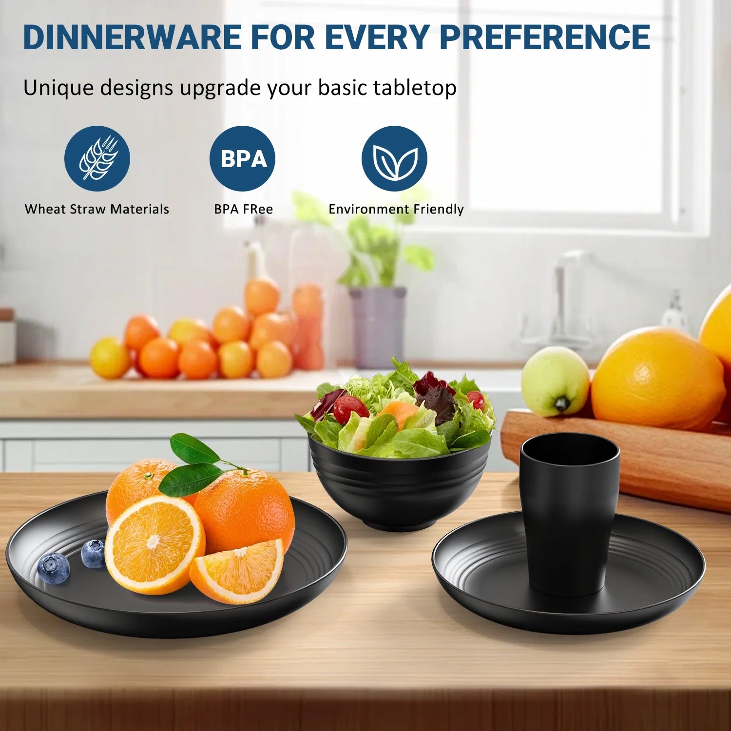 Juego de Vajilla de Plástico de Trigo para Cocina, 32 Piezas para 8 Personas, Color Negro