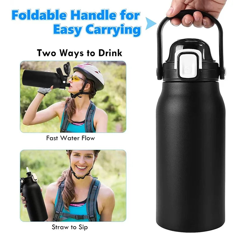 2L Stainless Steel Thermal Tumbler with Straw - Large Capacity Vacuum Flask for Hot and Cold Beverages - Ideal for Gym Use