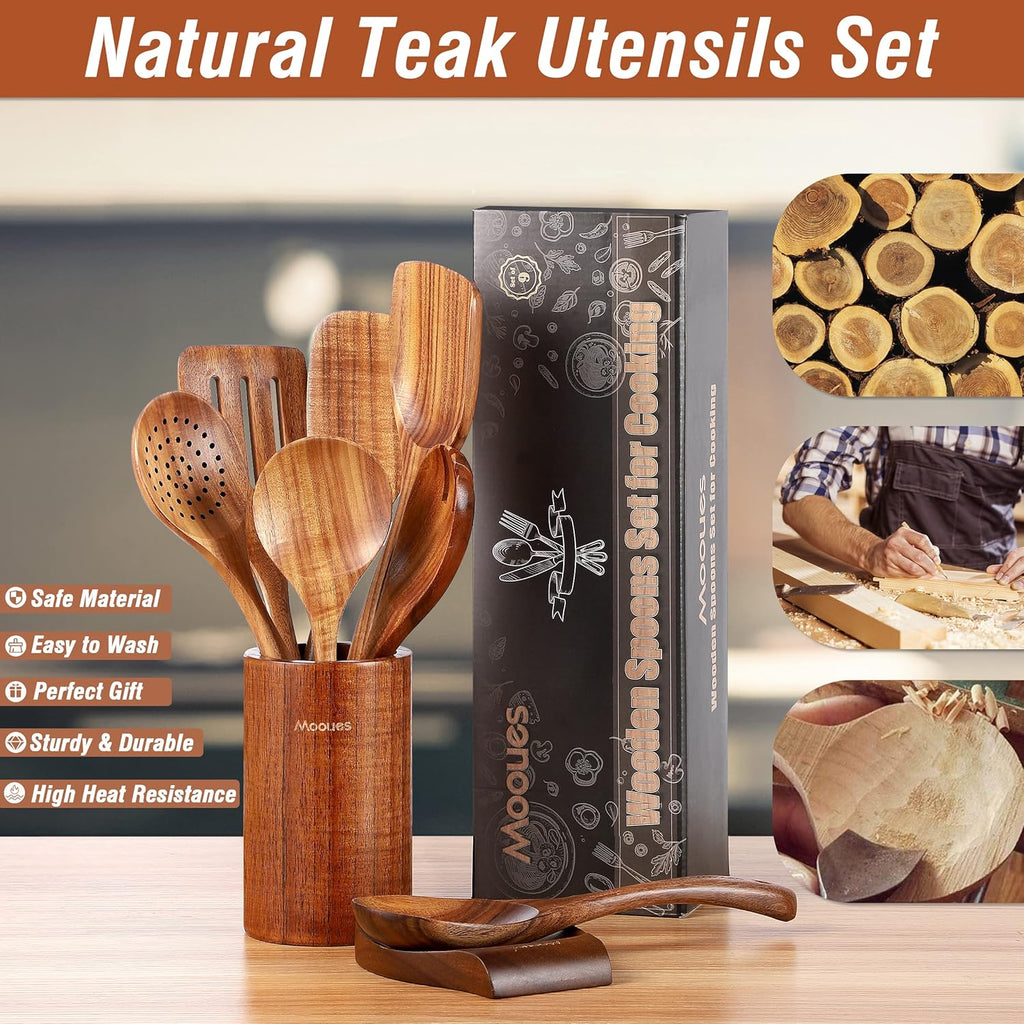 Premium 9-Piece Natural Teak Wooden Kitchen Utensil Set with Spoon Rest - Ergonomic Cooking Spoons & Stylish Utensil Holder