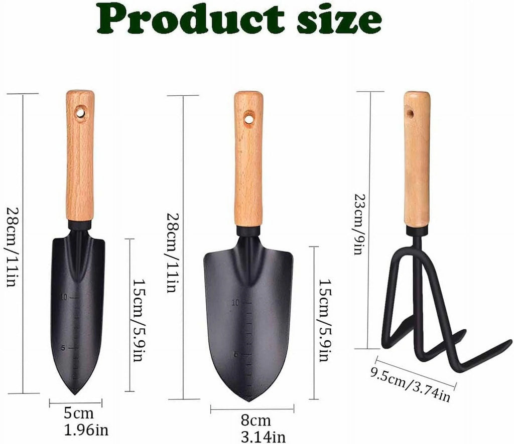 Minimalist Gardening Tool Set with Wooden Handles - 3-Piece Set Including Narrow Trowel, Wide Trowel, and Garden Rake for Succulent Transplanting