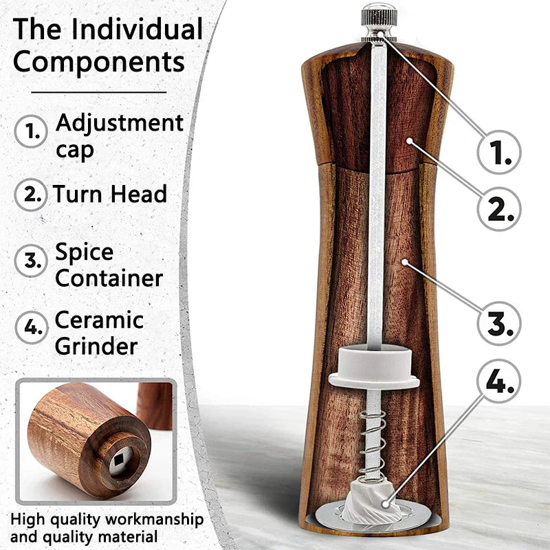Premium Acacia Wood Salt and Pepper Grinder Set with Adjustable Ceramic Mill - Essential Kitchen Cooking Tools