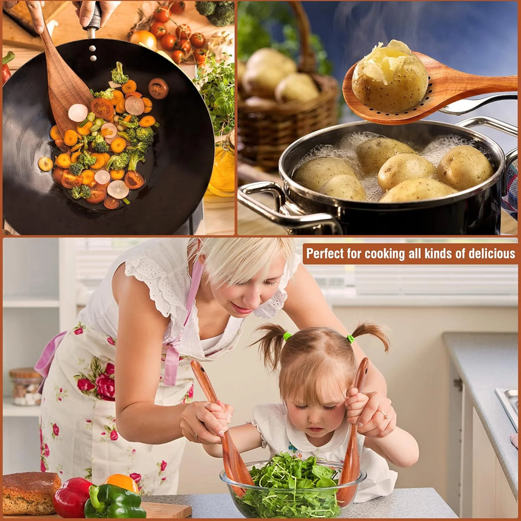 Premium 9-Piece Natural Teak Wooden Kitchen Utensil Set with Spoon Rest - Ergonomic Cooking Spoons & Stylish Utensil Holder