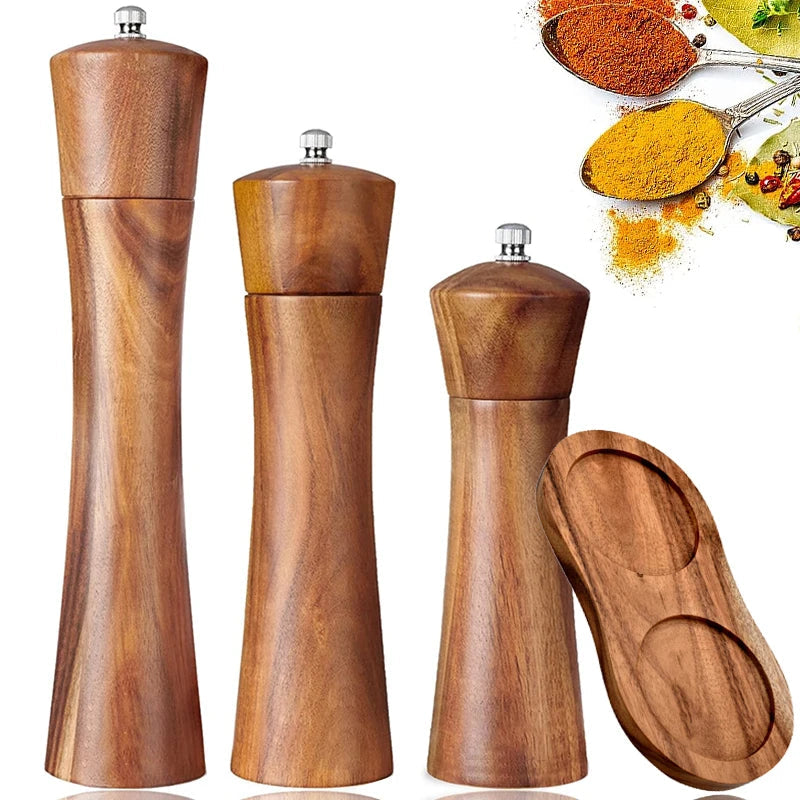 Premium Acacia Wood Salt and Pepper Grinder Set with Adjustable Ceramic Mill - Essential Kitchen Cooking Tools